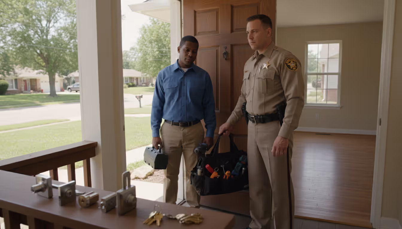 Sheriff and a locksmith standing at the open front door of a house during a lawful squatter removal with new locks ready to install