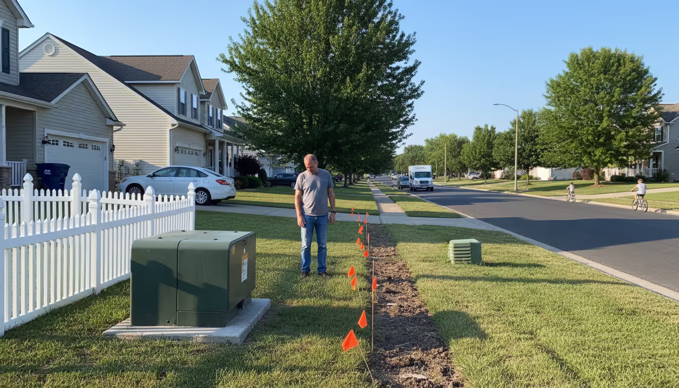 Homeowner standing near a fence looking at utility easement markers and a green transformer box on a suburban residential street