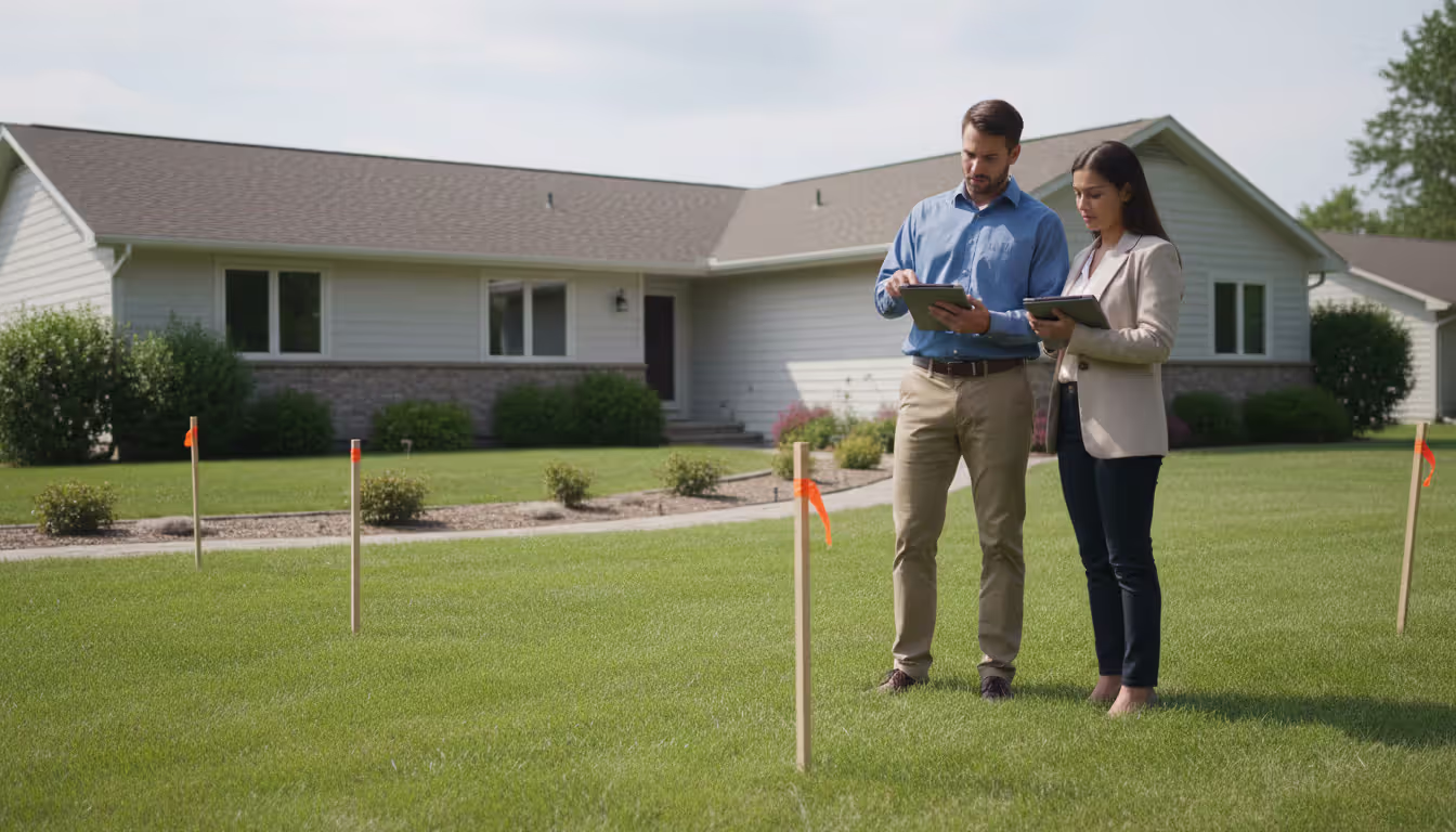 Two property appraisers with clipboards and measuring tools inspecting easement boundary stakes in a residential backyard