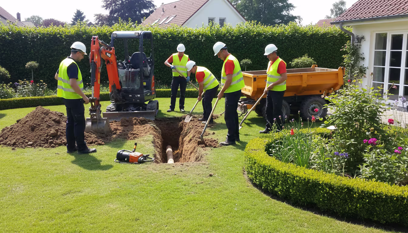 Utility crew in hard hats digging a trench to install underground pipes in a residential backyard with partially disturbed lawn