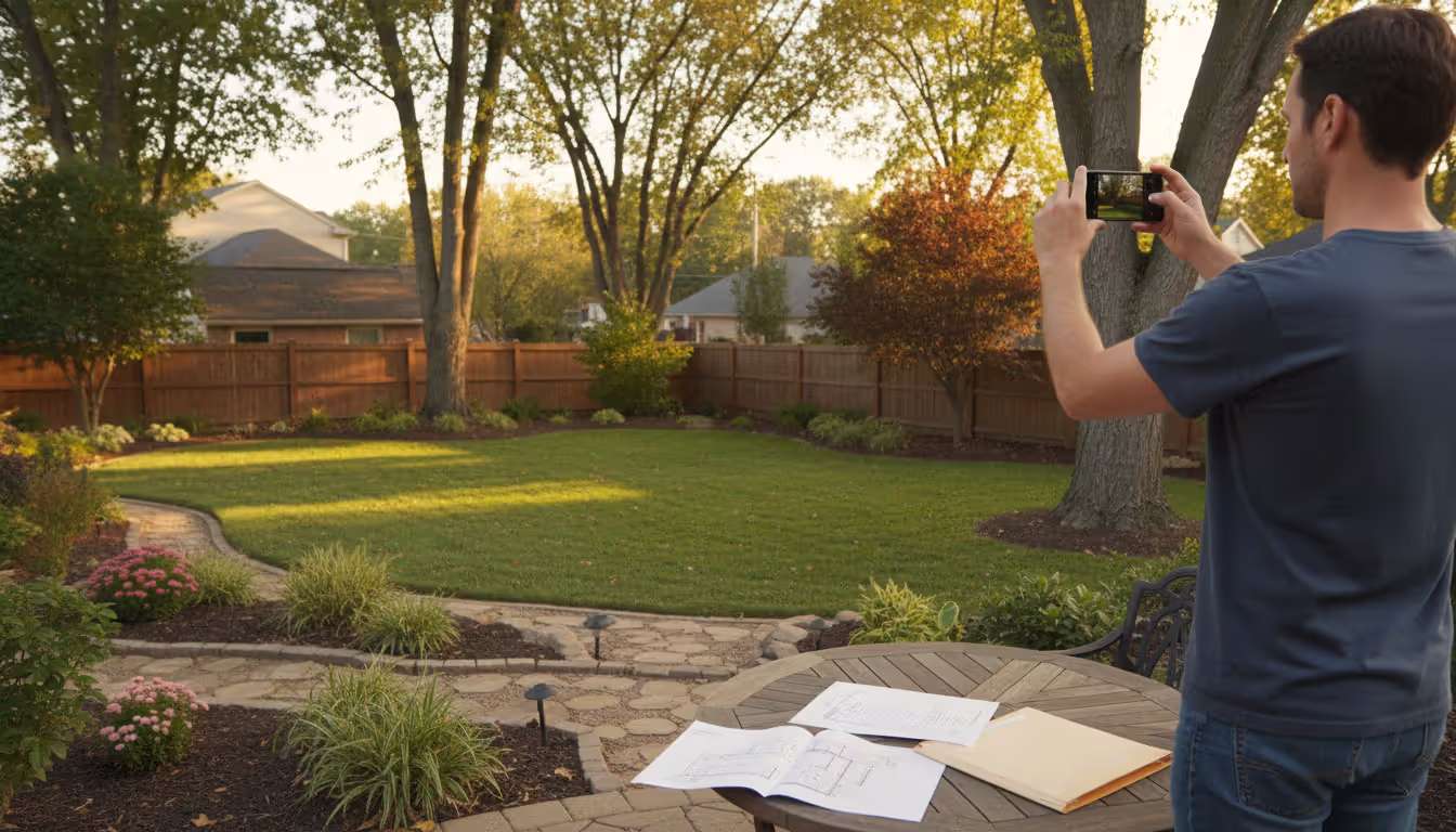 Homeowner using a smartphone to photograph and document their backyard property conditions including trees fences and landscaping