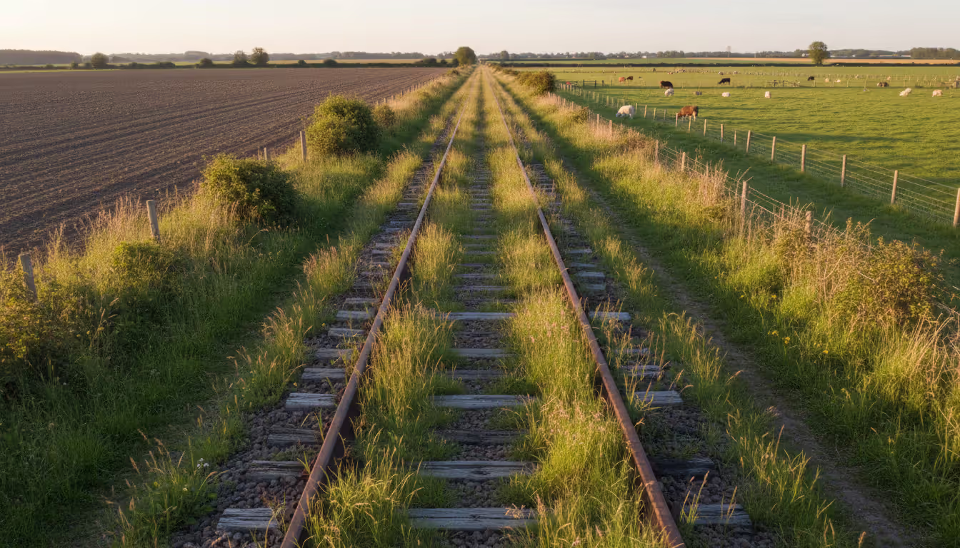 Abandoned railroad corridor crossing farmland with removed tracks overgrown with grass and remnants of old railway ties visible