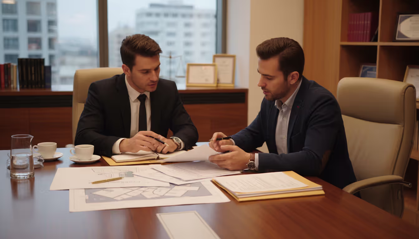 Attorney and property owner reviewing documents and land plans together at an office desk