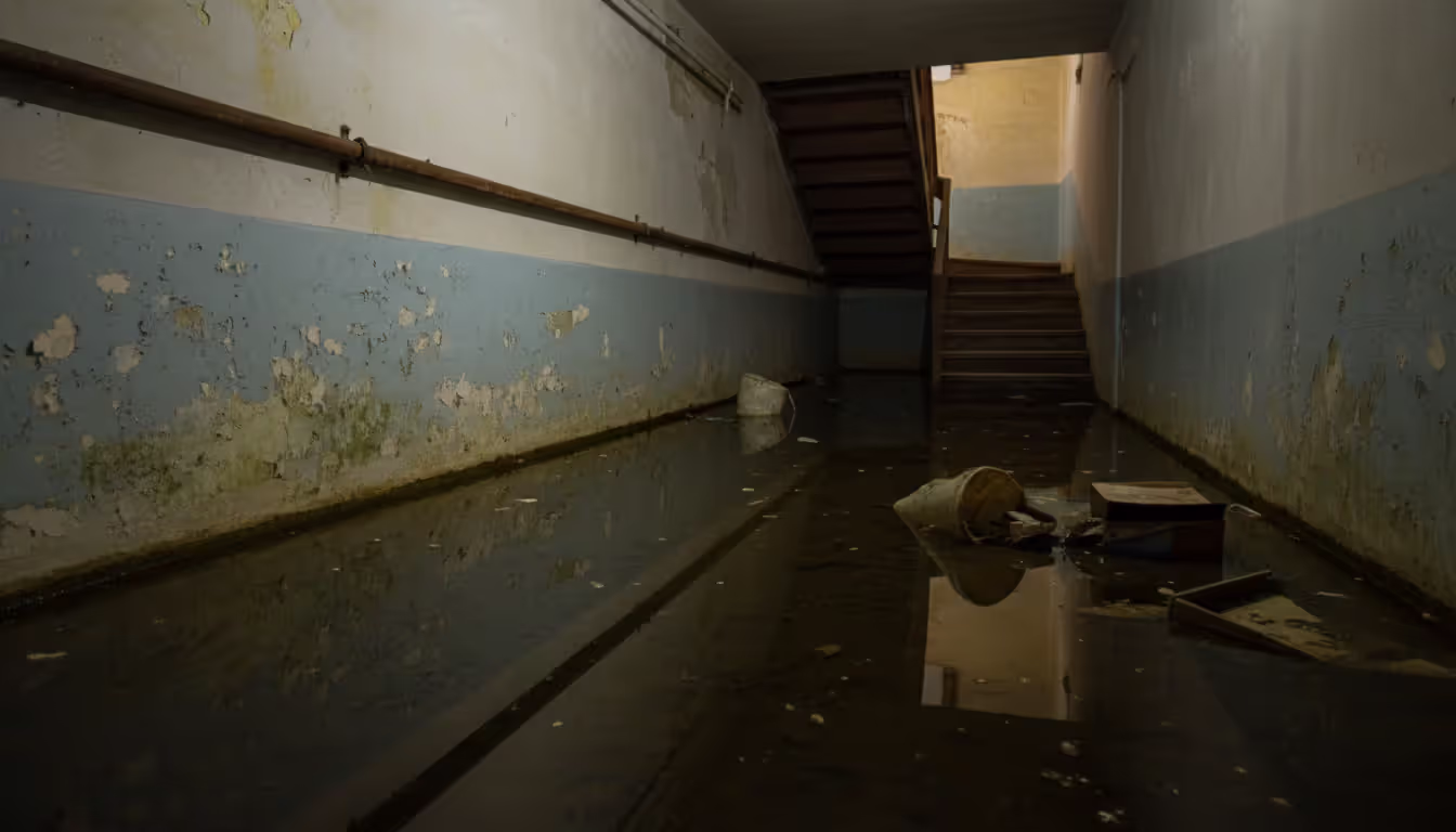 Flooded residential basement with water covering the floor and damaged walls