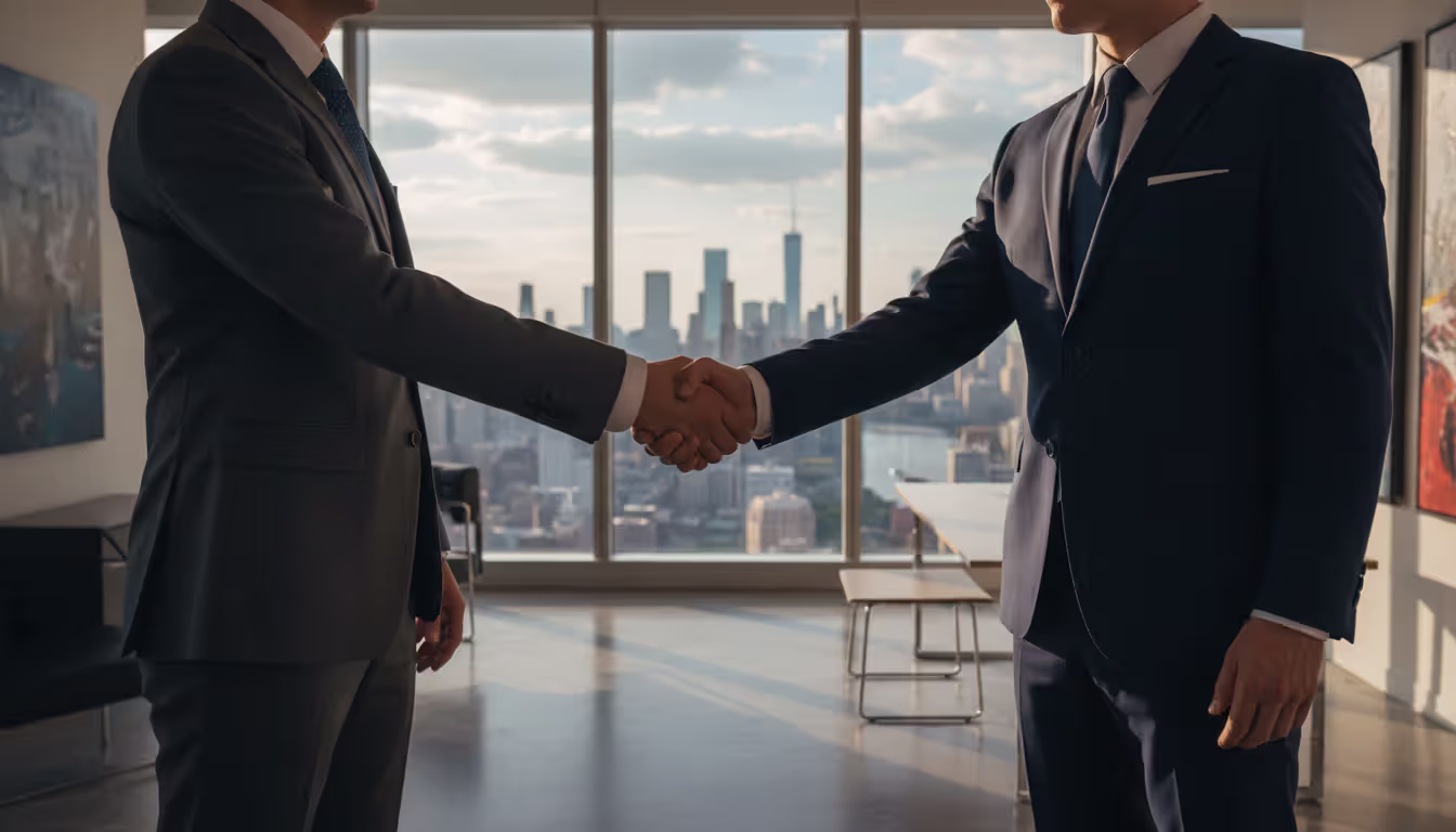 Two professionals in business suits shaking hands in a modern office with city skyline view