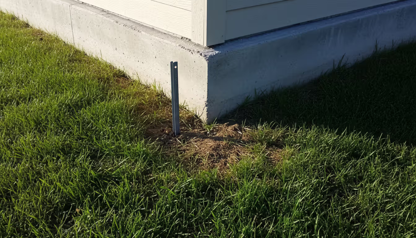 Close-up of a metal property boundary marker in the ground with a concrete building foundation corner crossing over the boundary line