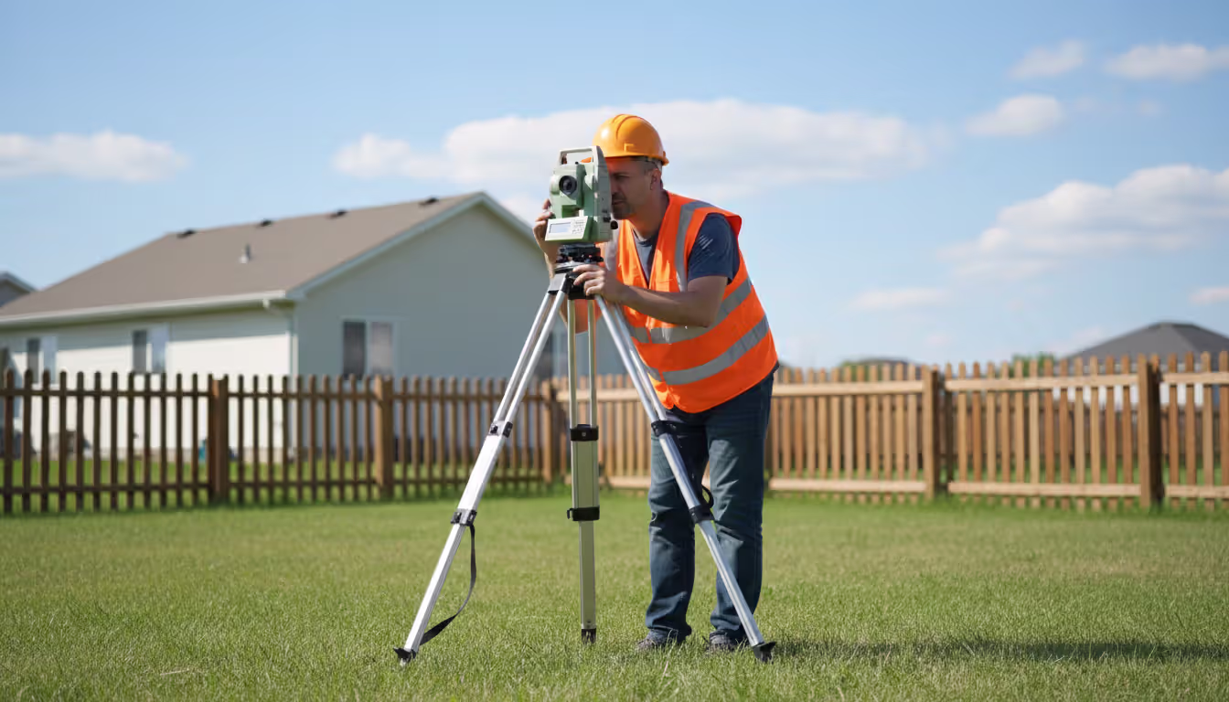 Professional land surveyor in safety vest using a total station instrument on a tripod in a suburban residential yard near a wooden fence