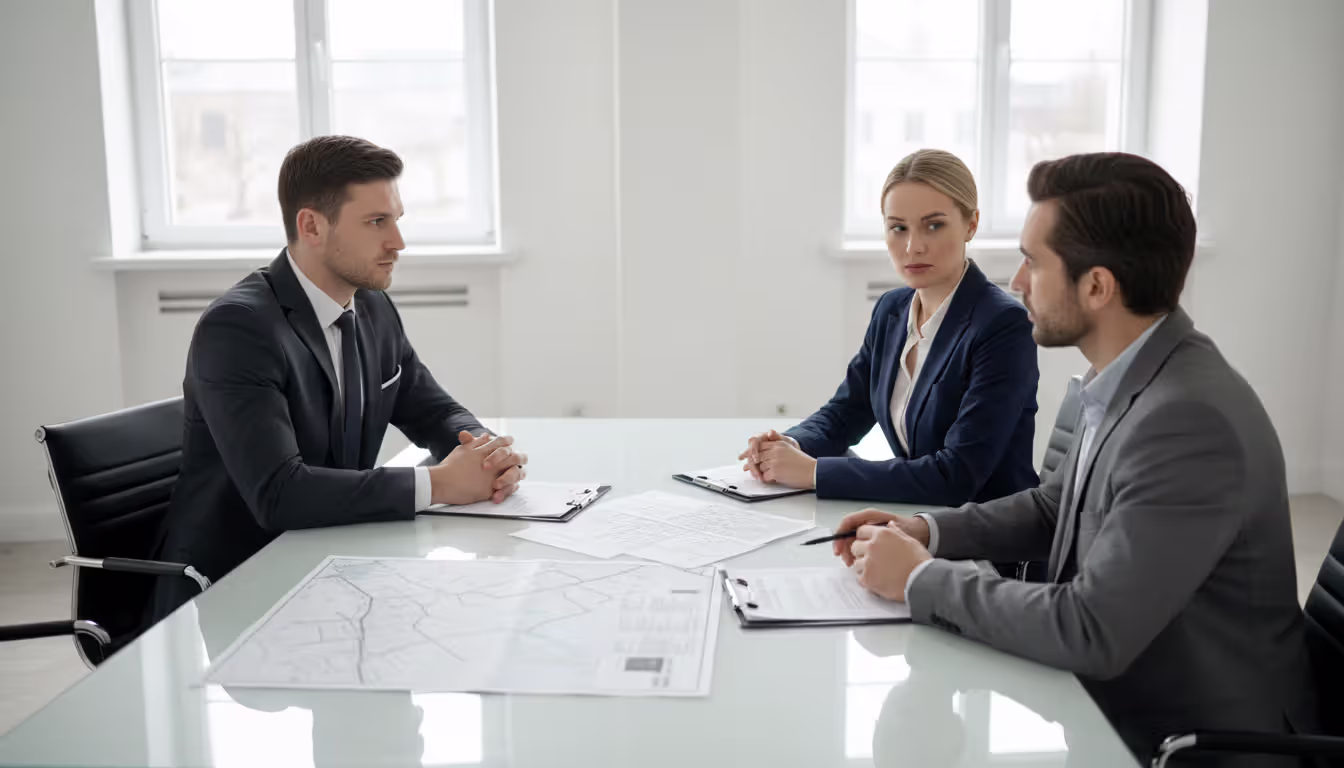 Two property owners and a mediator sitting at a table in a bright office discussing documents and land maps during a property dispute mediation session