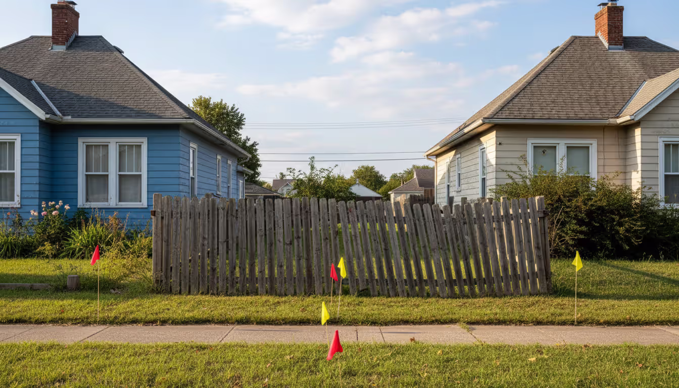 Suburban street view of two neighboring houses with a tall wooden fence encroaching past bright survey stakes marking the true property boundary line