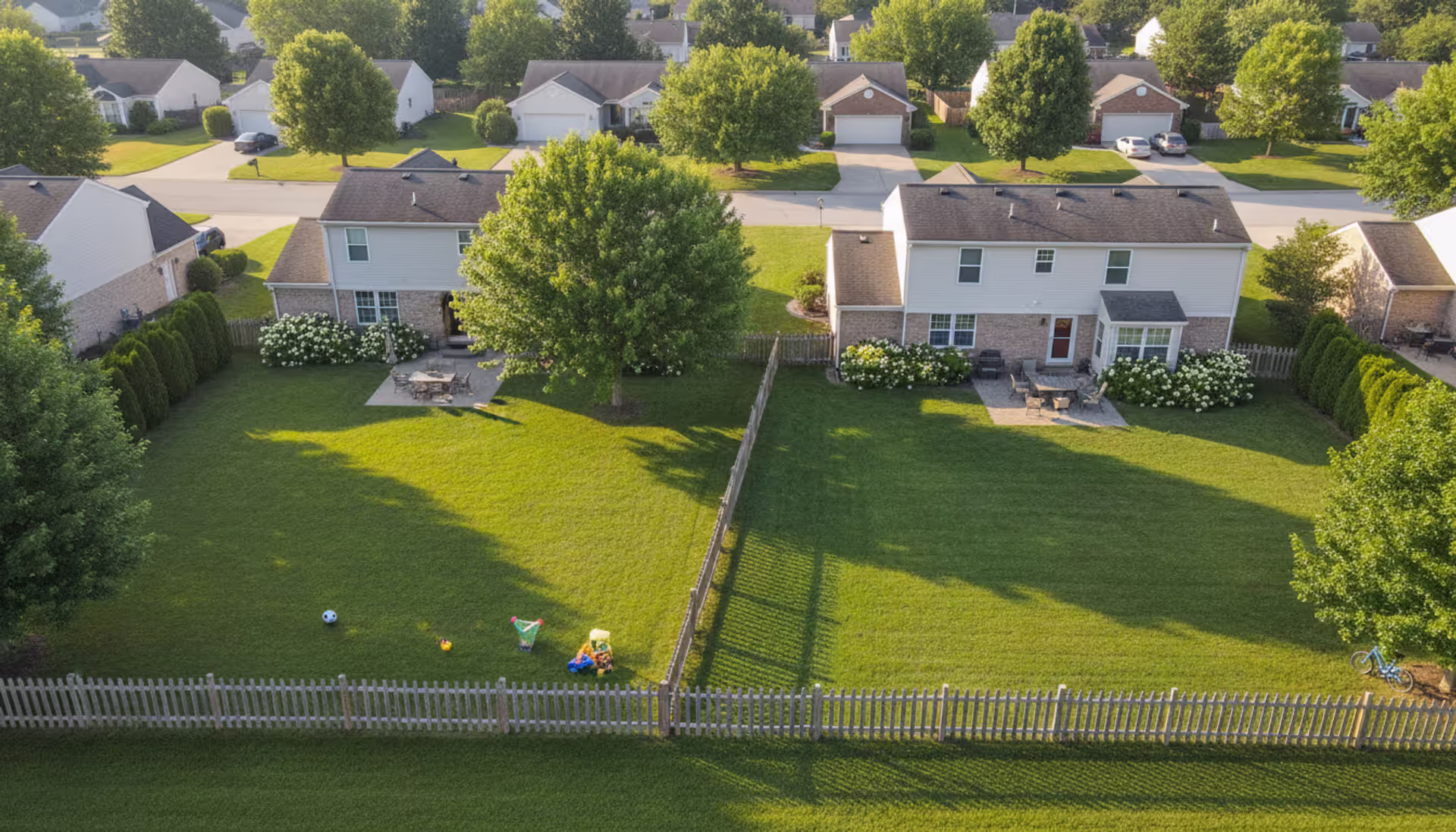 Aerial view of two suburban properties with a wooden fence visibly crossing the property boundary line into the neighbor's yard on a sunny day
