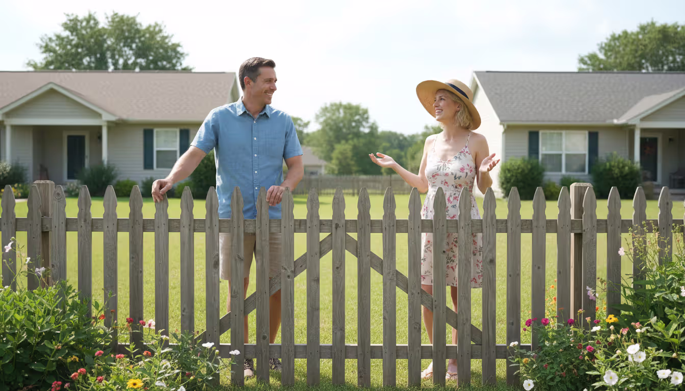 Two neighbors standing on opposite sides of a wooden fence having a friendly conversation in a suburban backyard