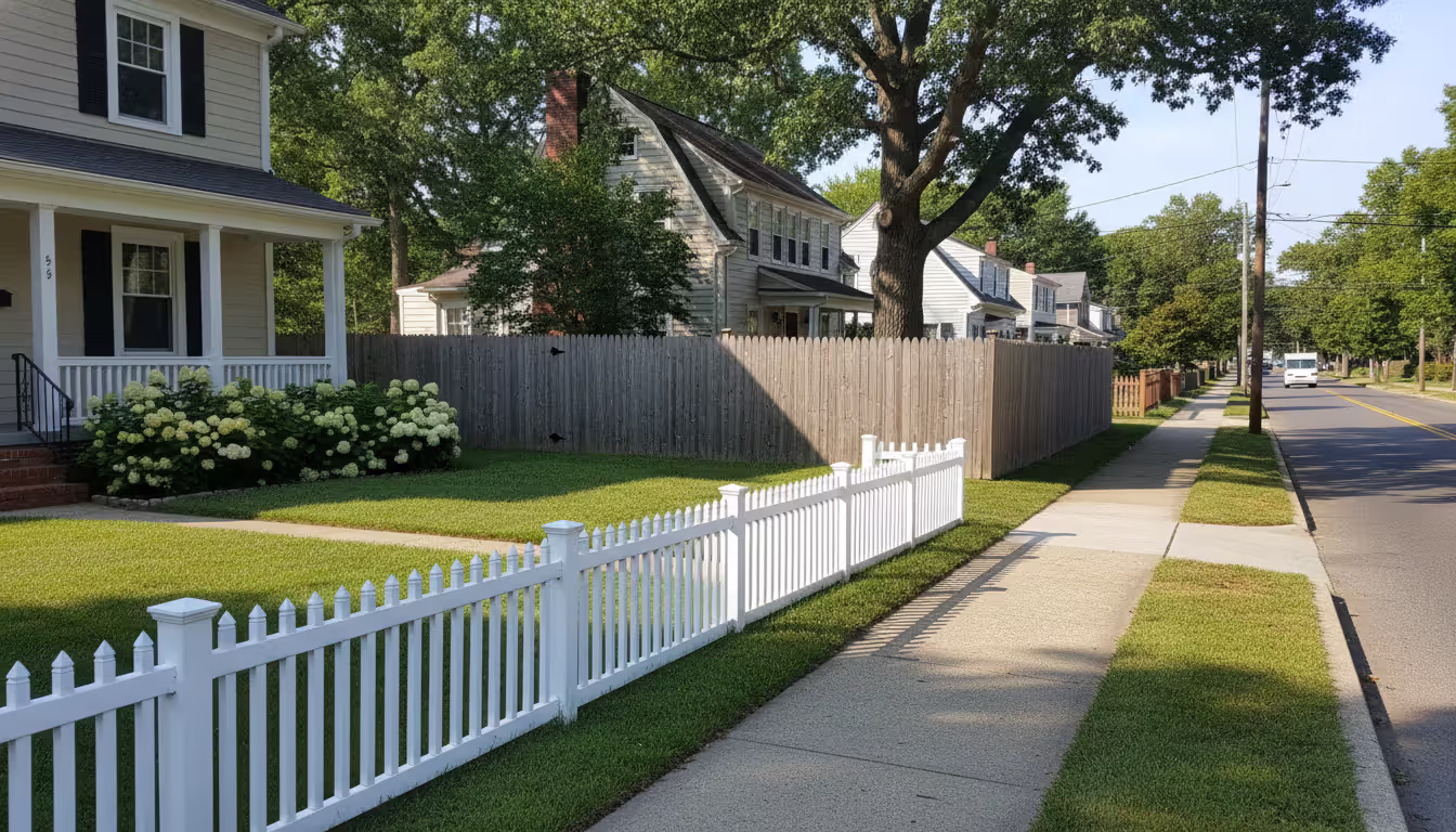 Suburban residential street showing a short white picket fence in the front yard and a tall wooden privacy fence in the backyard illustrating height regulations