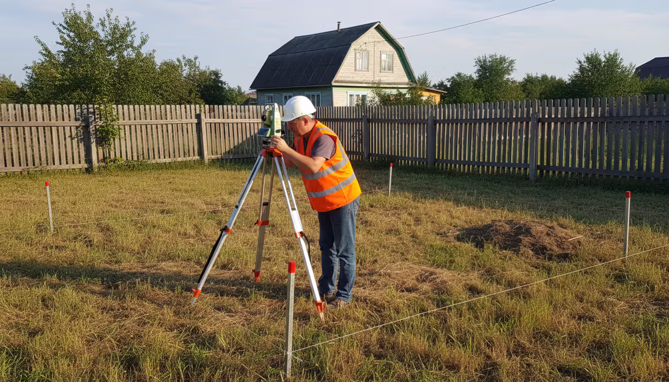 Professional land surveyor in orange vest using surveying equipment near property boundary markers with a wooden fence and residential house in the background