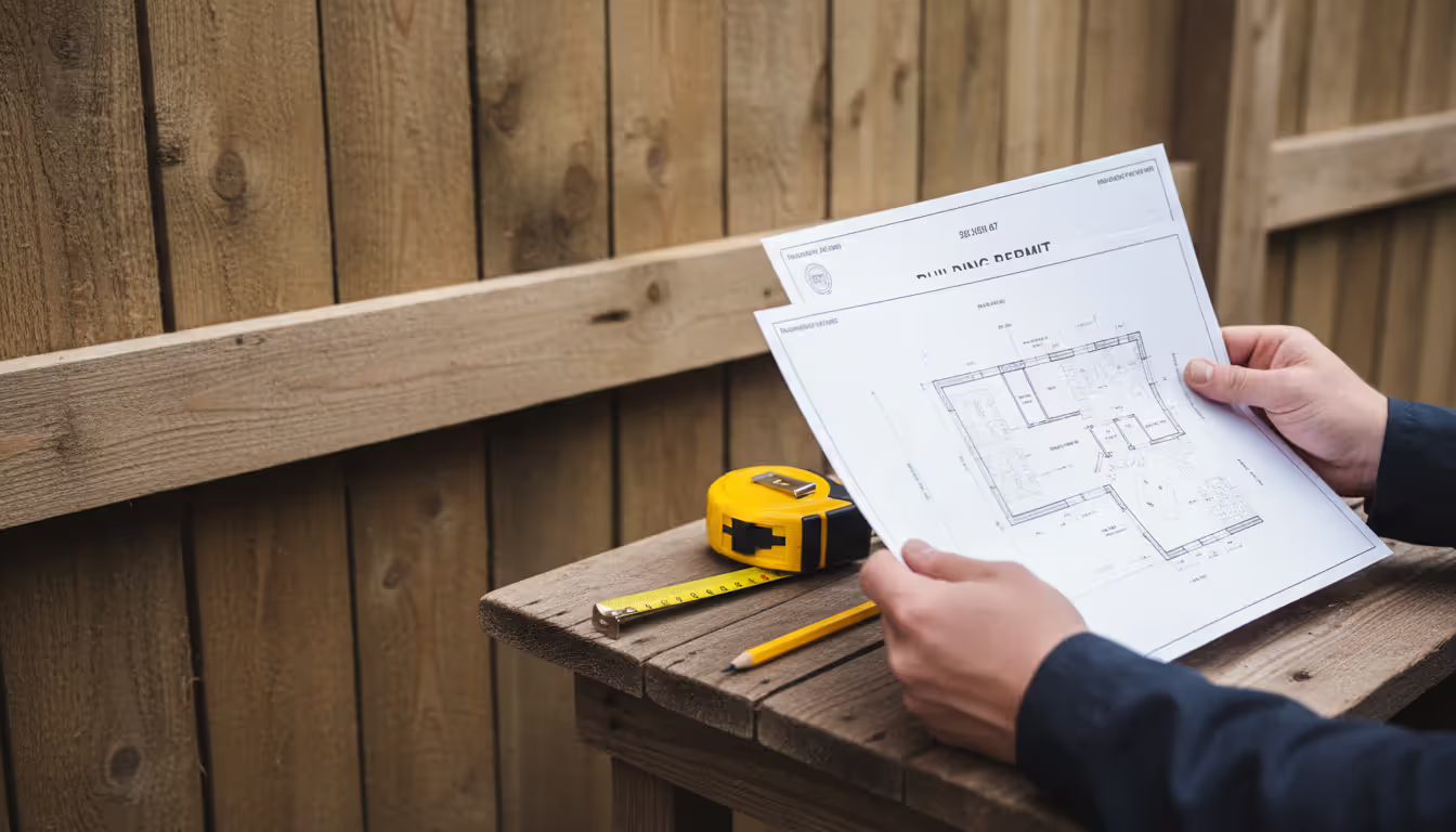 Close-up of hands holding building permit documents and a site plan near a partially constructed wooden fence with measuring tape and pencil nearby