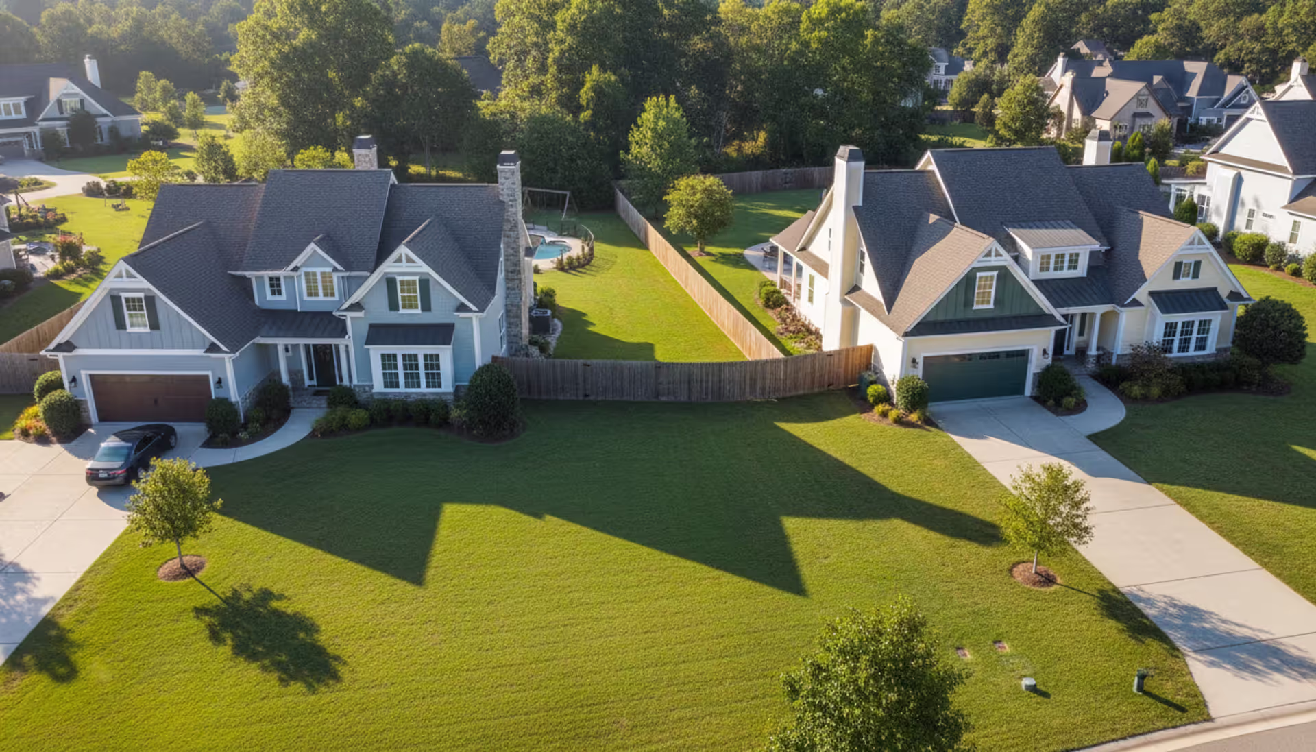 Aerial view of two neighboring suburban houses with green lawns separated by a wooden boundary fence on a sunny day
