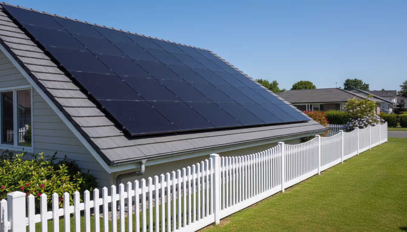 Solar panels installed on the roof of a suburban house with a white picket fence and green lawn under a blue sky