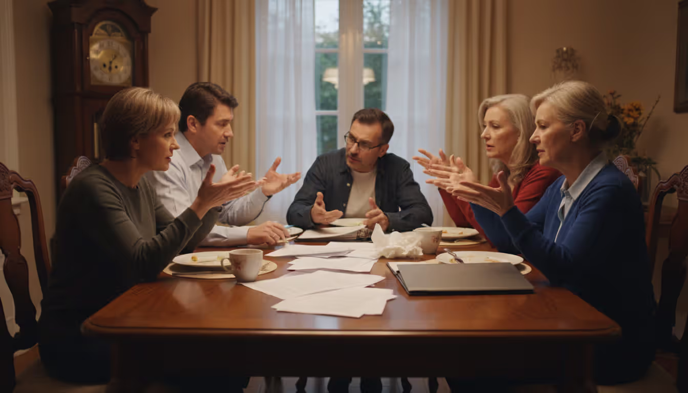 Family members arguing at a dinner table with property documents spread out, depicting an inheritance dispute over shared real estate