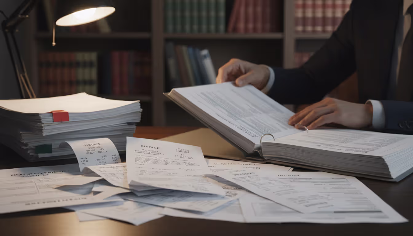 Attorney desk with stacks of receipts, tax documents, repair invoices, and financial records being organized for a property accounting dispute