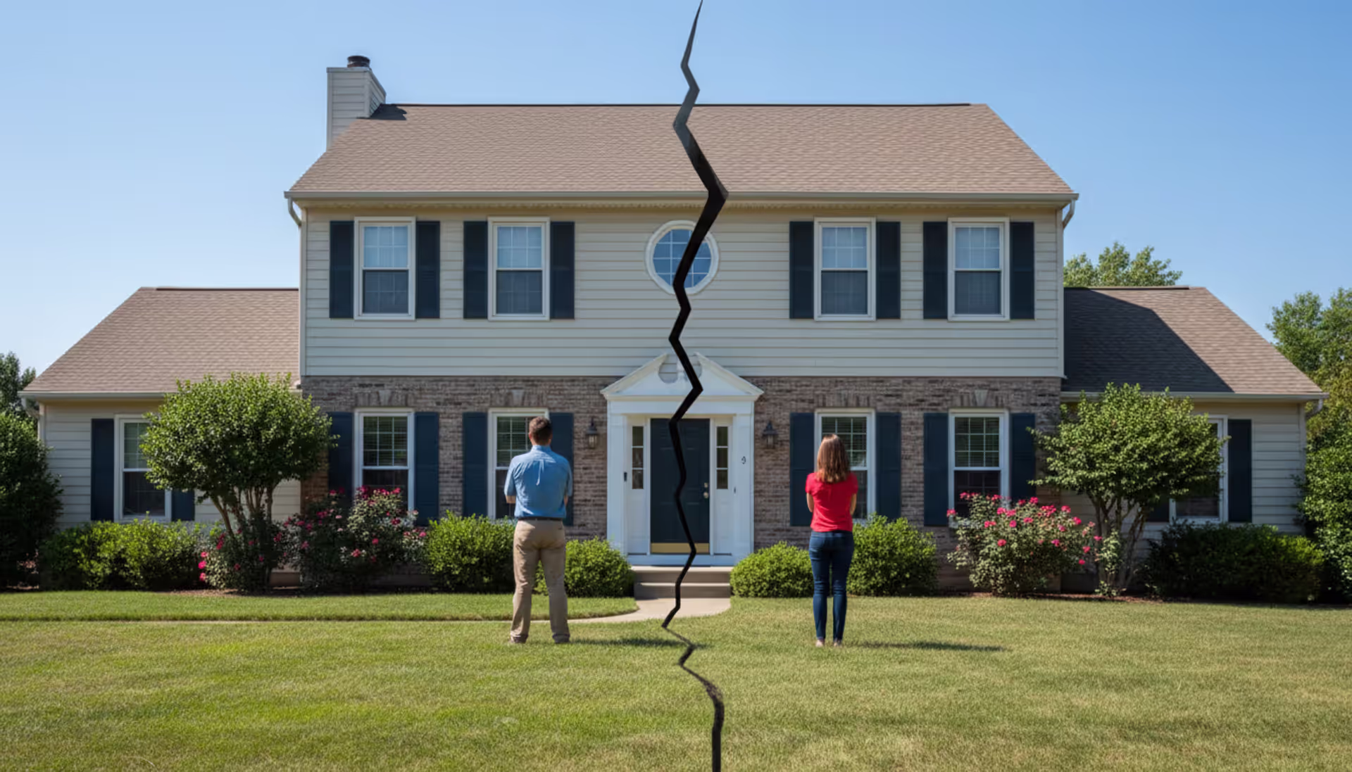 A suburban house visually split in half by a crack with two co-owners standing on opposite sides with arms crossed, symbolizing a property partition dispute
