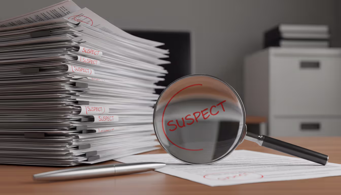 Stack of mortgage application documents on a desk with a magnifying glass highlighting suspicious marked sections