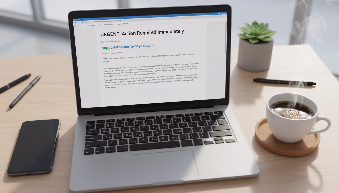 Laptop screen showing a suspicious urgent email with a slightly altered sender address highlighted, top-down view of a desk