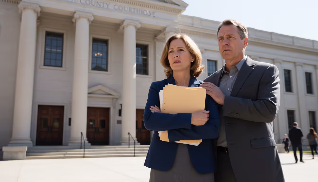 A worried middle-aged couple holding a folder of documents standing in front of a county courthouse entrance