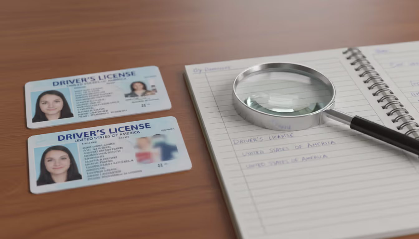 Close-up of two ID cards on a desk, one genuine and one forged with visible imperfections, next to a magnifying glass