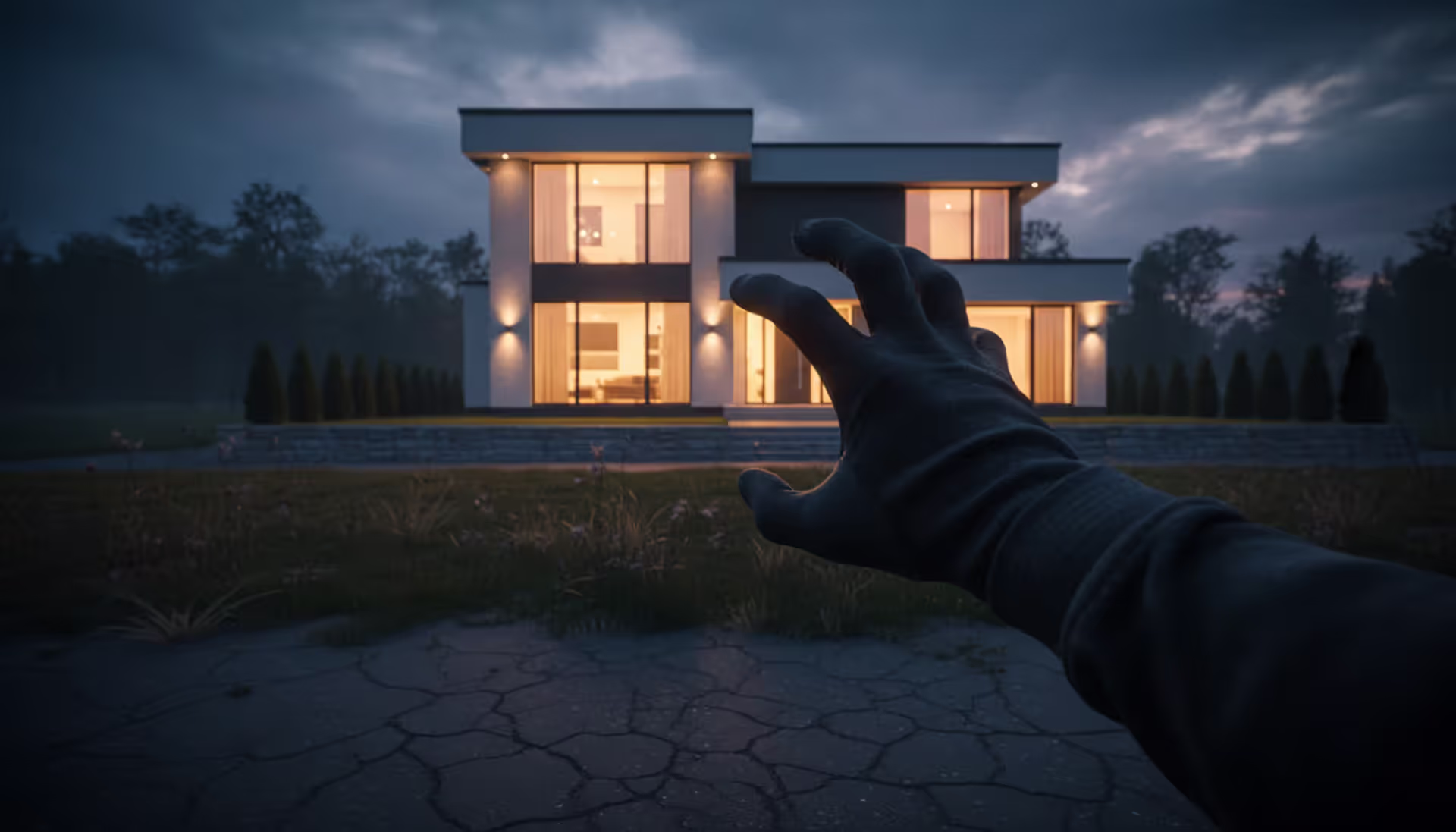 A shadowy gloved hand reaching toward a well-lit suburban house at dusk, symbolizing real estate fraud threat