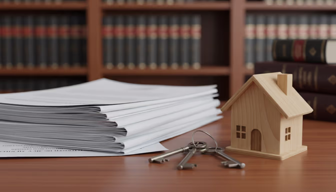 Property ownership documents, house keys, and a small wooden house model on a desk with a blurred law office background
