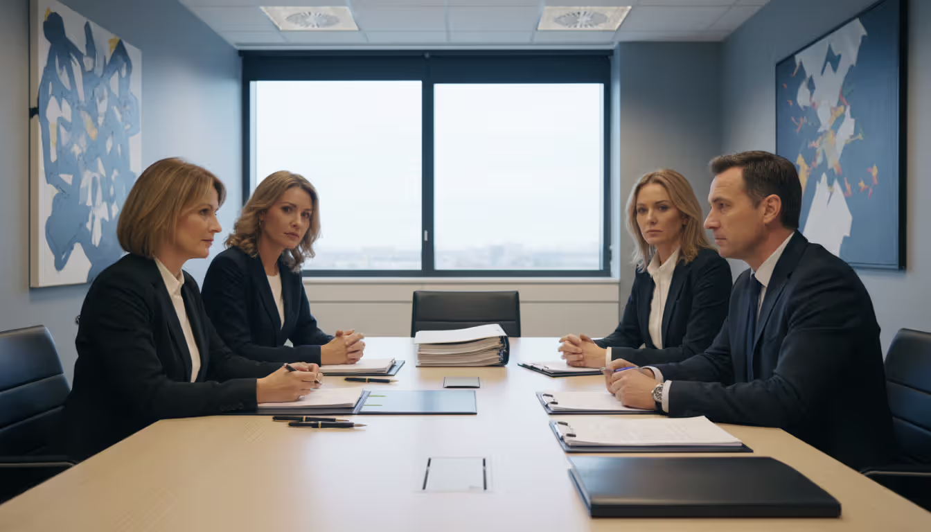 Family of adults sitting with an attorney at an office table discussing estate planning documents