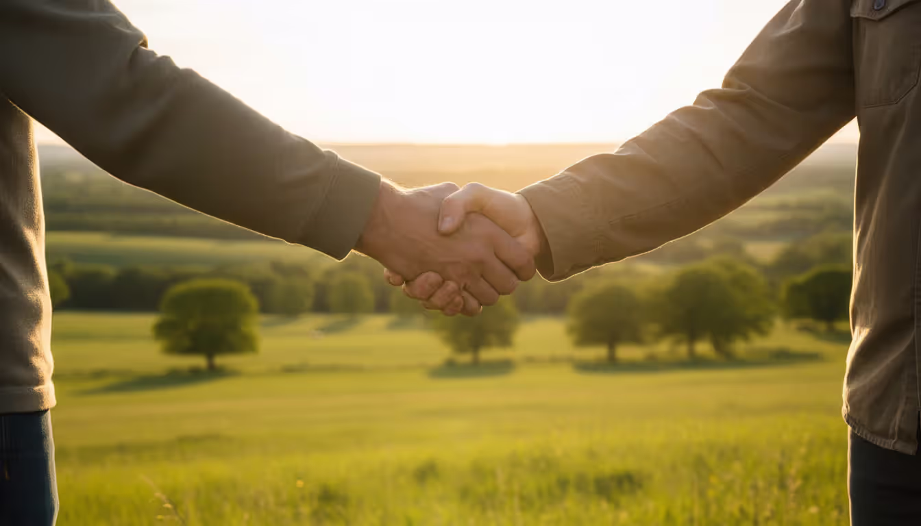Two people shaking hands outdoors with green farmland and trees in the background symbolizing a family land agreement