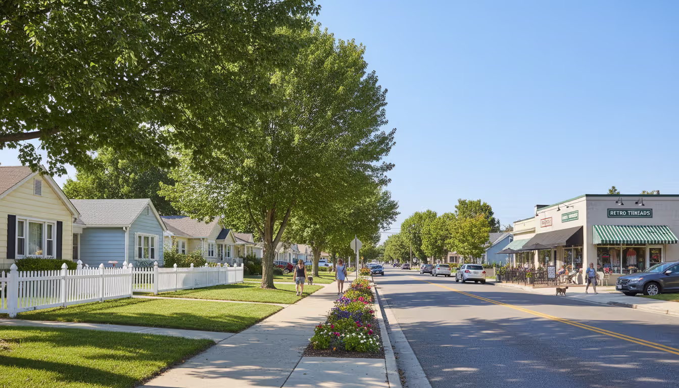 American street showing clear visual boundary between single-family residential homes and small commercial buildings on opposite sides