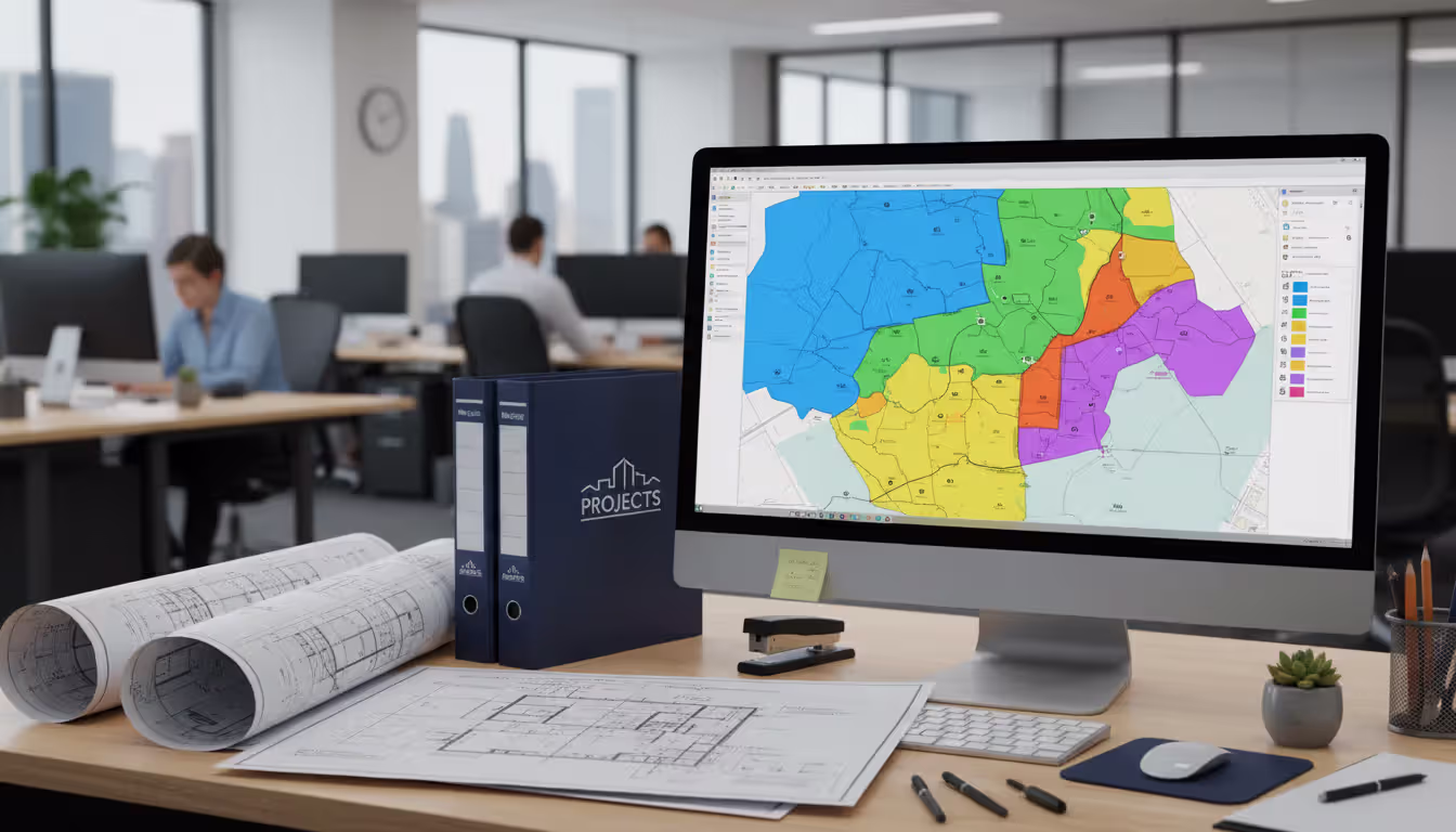 Planning department desk with computer screen displaying colorful GIS zoning map and printed site plans nearby