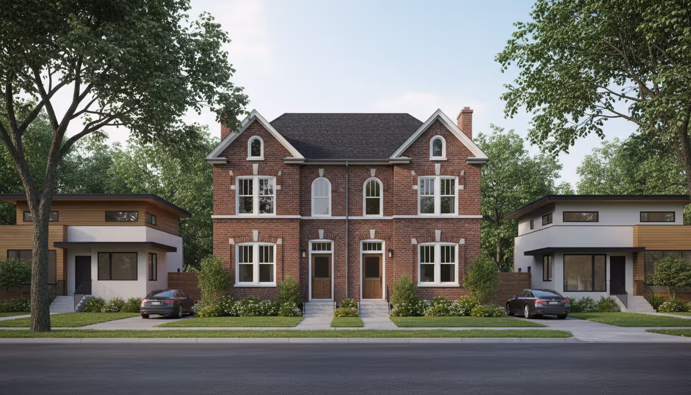 Older brick duplex building standing among modern single-family homes in a residential neighborhood illustrating nonconforming use concept