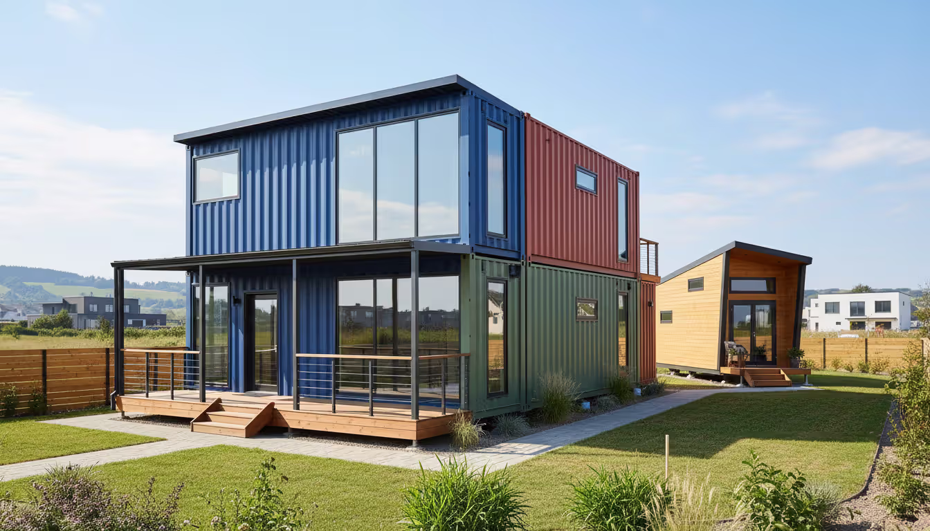 Modern residential shipping container home with large windows and landscaped yard next to a small tiny house on a foundation in a suburban setting