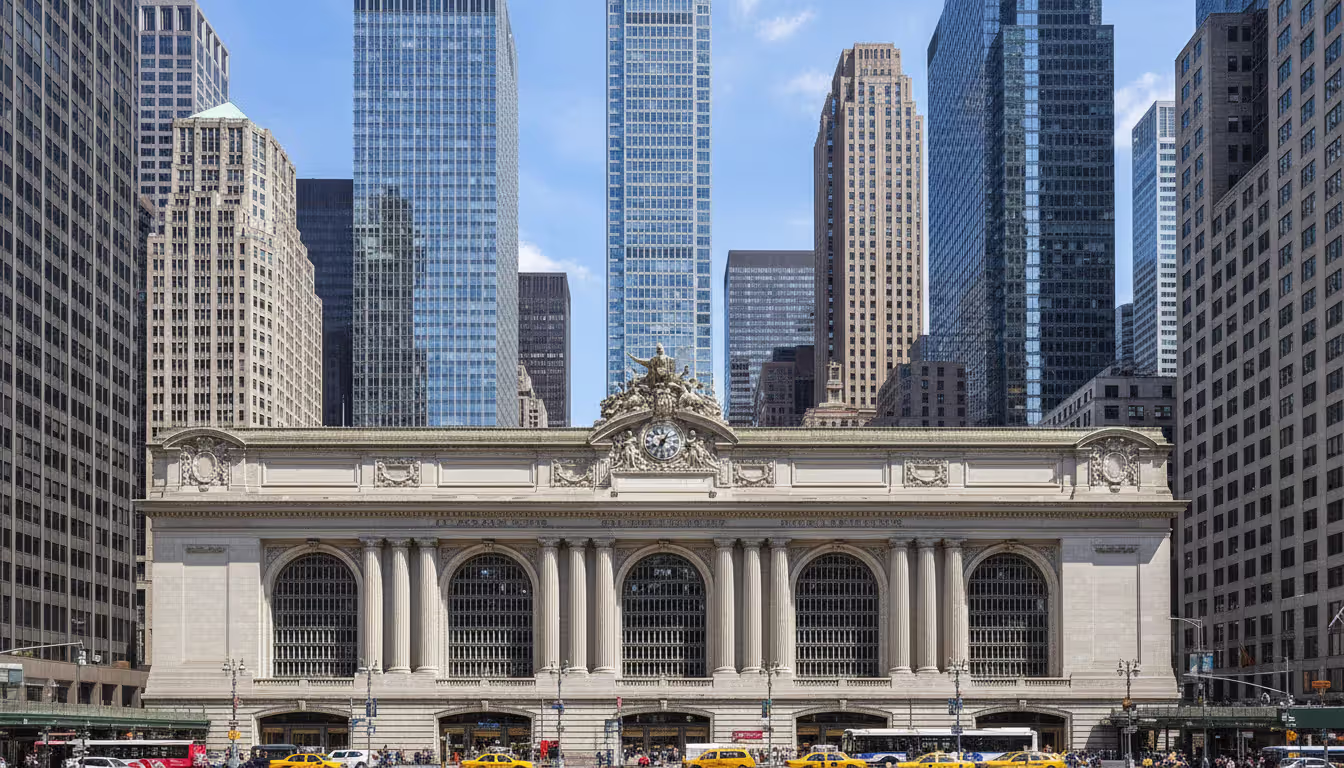 Grand Central Terminal historic facade with modern Manhattan skyscrapers rising behind it