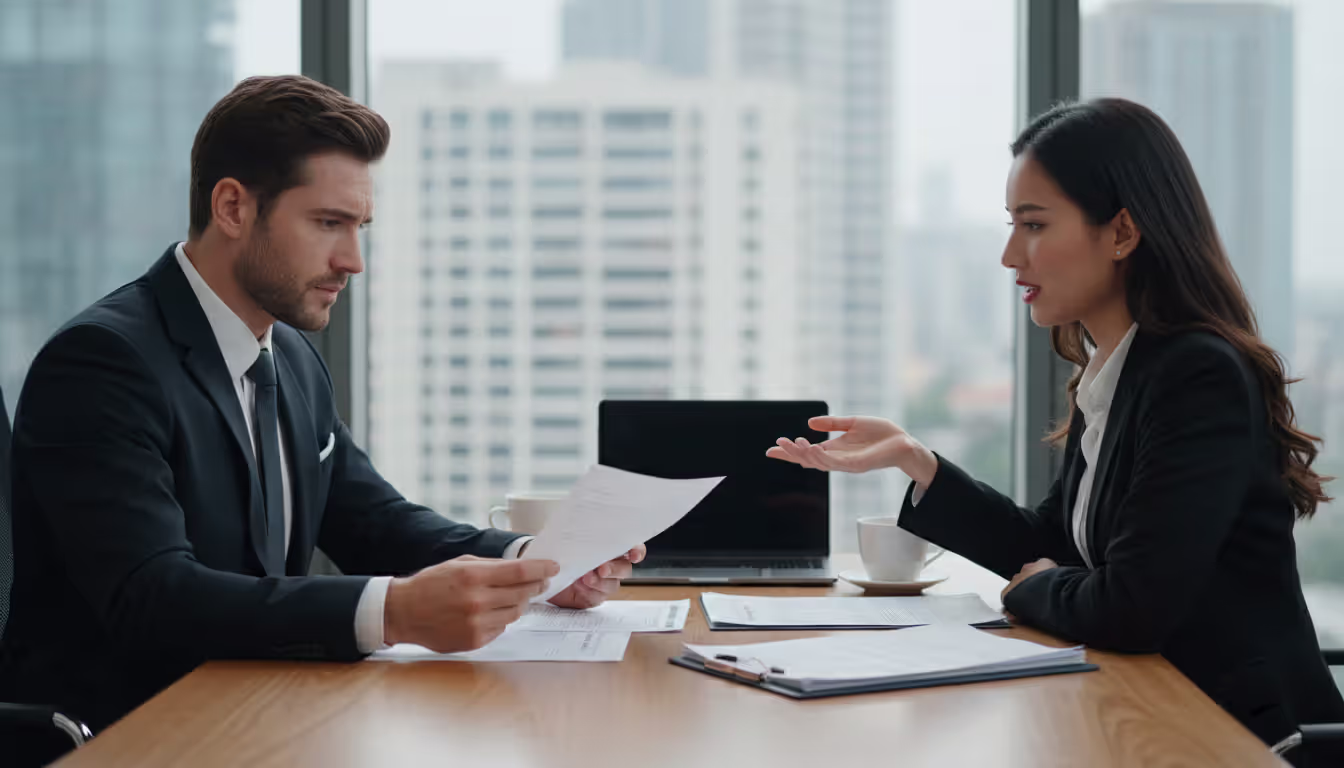 Buyer carefully reviewing real estate documents at a desk during a meeting with a seller in an office