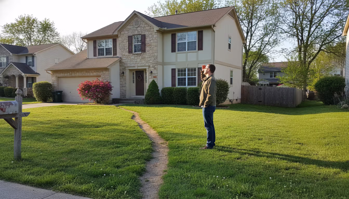 Person inspecting the exterior of a suburban house with a visible worn path across the yard suggesting an easement