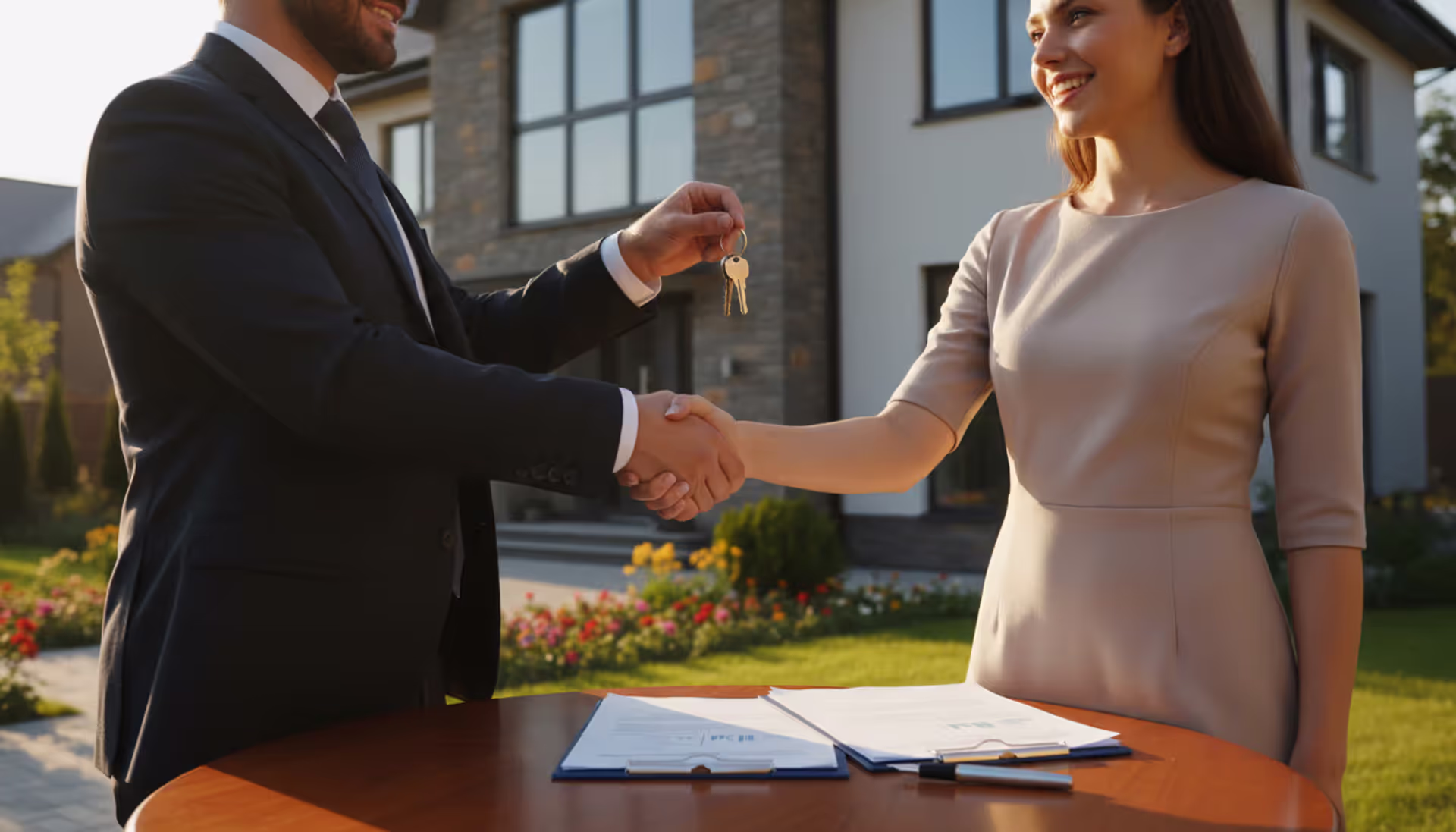 Two people shaking hands exchanging house keys in front of a residential home with documents on a table