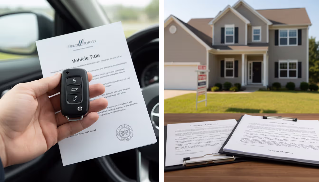 Split-screen comparison: hand holding a car key with vehicle title document on the left, suburban house with For Sale sign and legal documents on the right