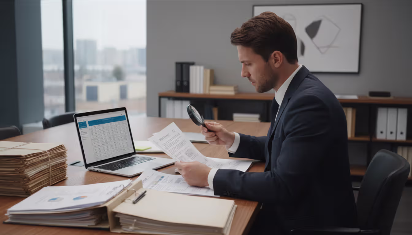 Professional title examiner reviewing property documents with a magnifying glass at a desk with folders, laptop, and archival papers