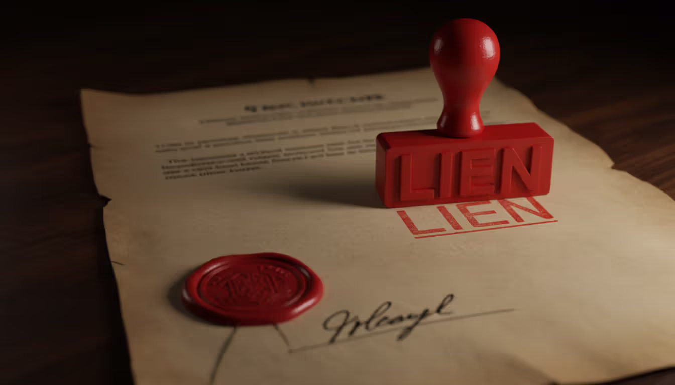 Close-up of an official legal deed document with a red seal and a LIEN stamp partially covering the corner on a dark wooden desk