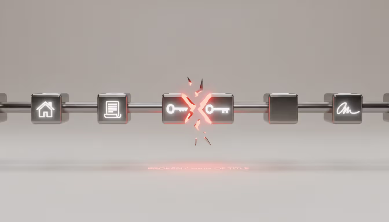 Conceptual 3D illustration of a horizontal metal chain with miniature icons of a house, document, key, and signature in each link, one broken link highlighted in red