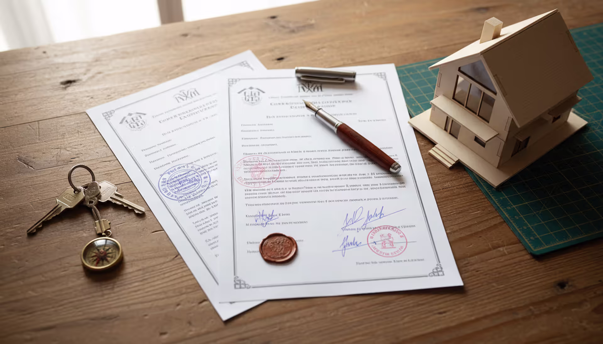 Official property documents with stamps, house keys, a pen, and a small house model on a wooden desk, top-down view