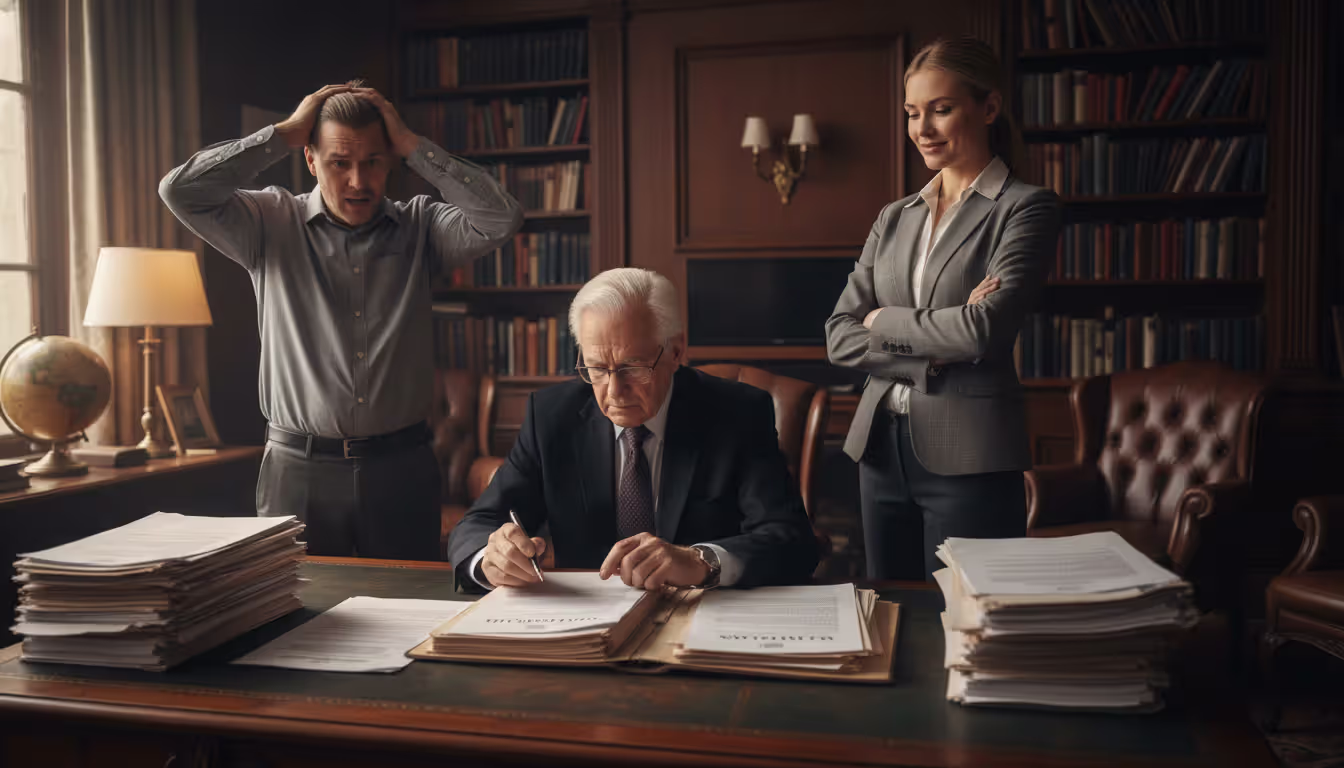 Elderly father at a desk with legal documents, adult daughter looking confident and adult son looking confused, in a home office setting