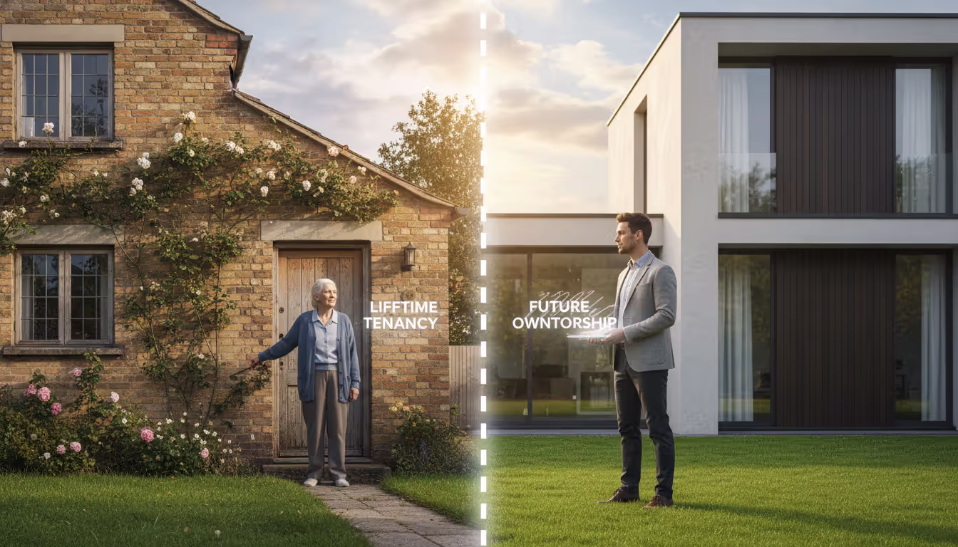 House visually split by a dashed line with an elderly woman at the front door on one side and a young man standing on the lawn looking at the house on the other side