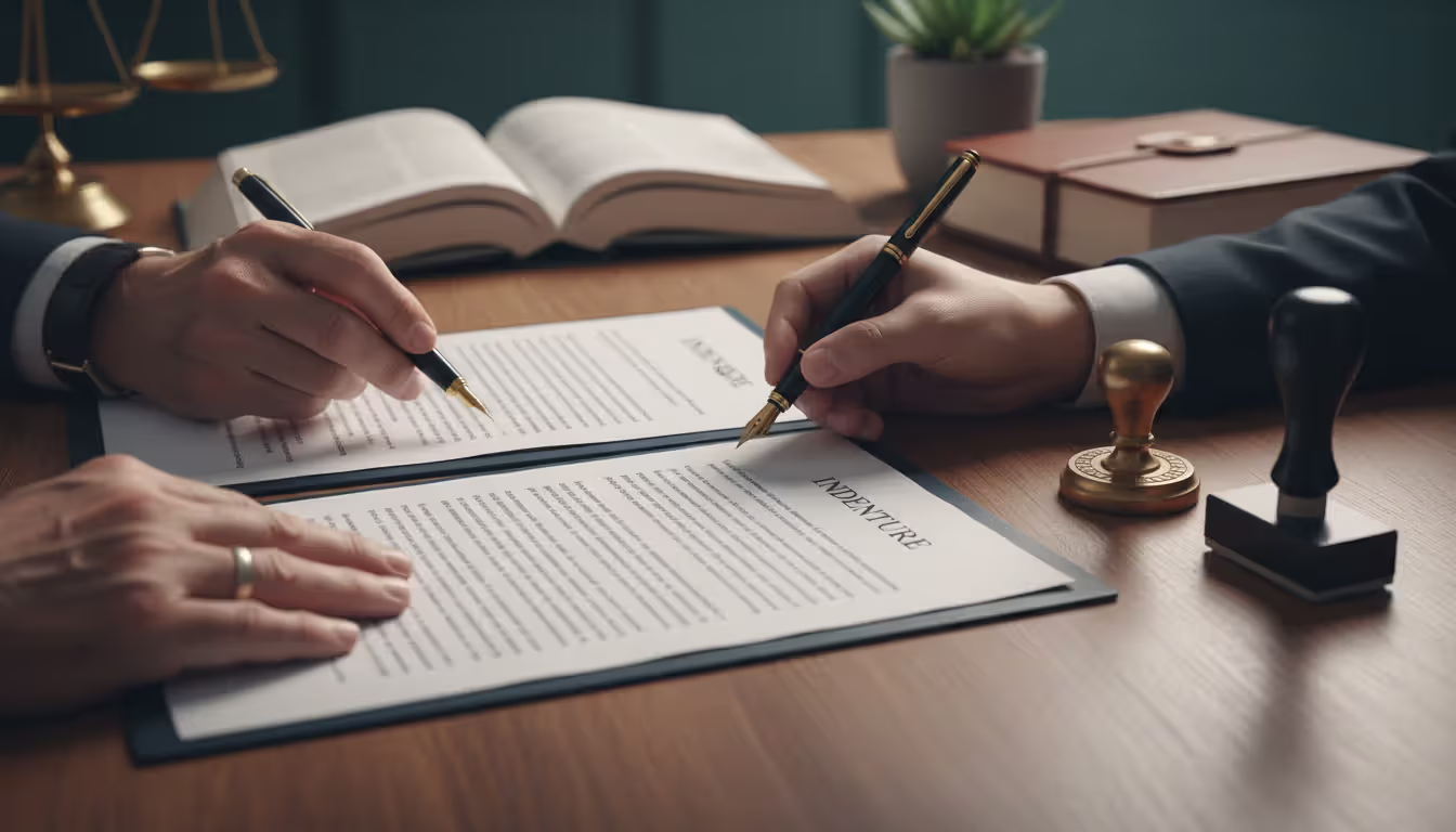 Close-up of a lawyer desk with two deed documents, a notary seal, and two hands of different ages signing a document together