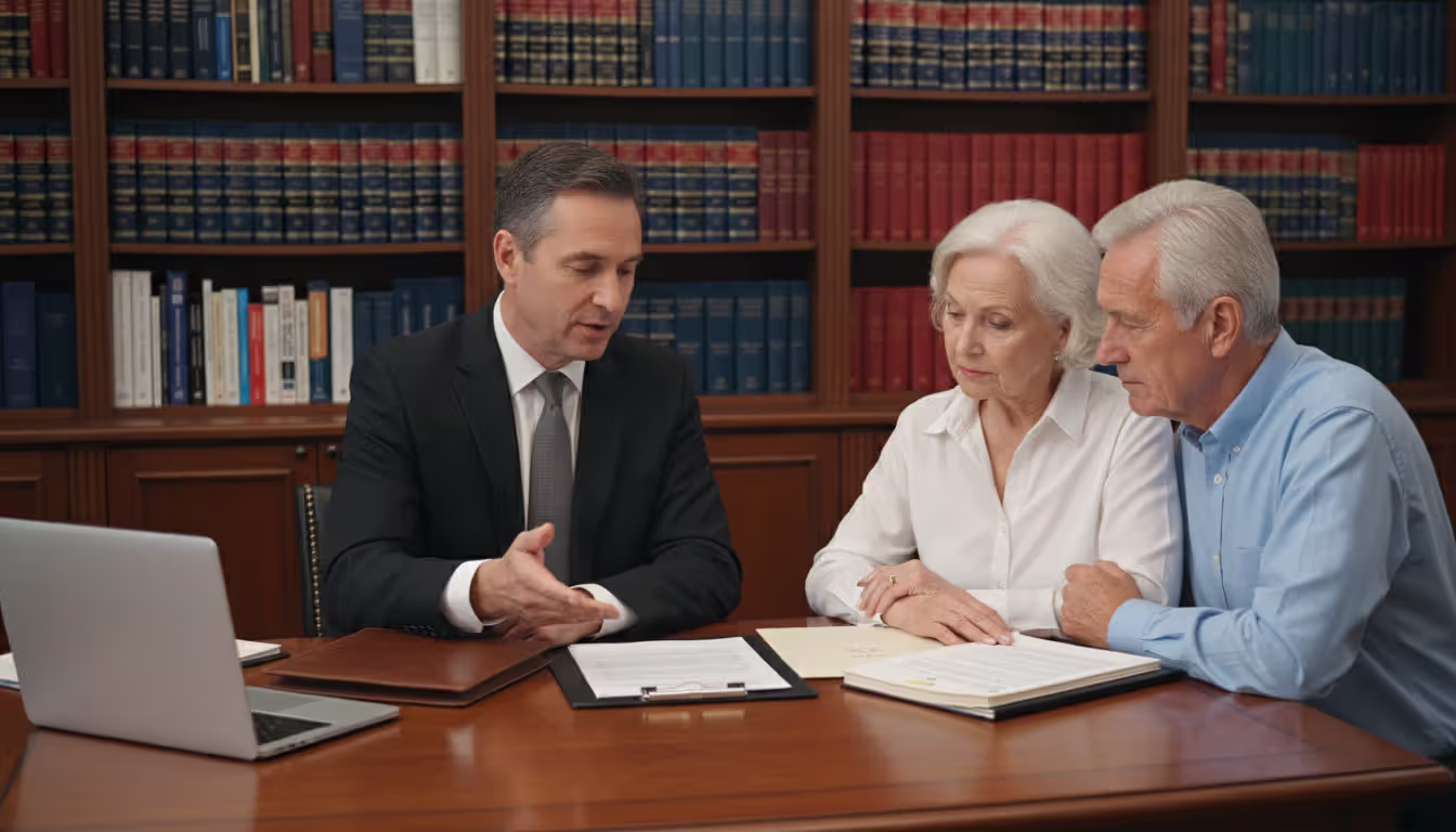 Estate planning attorney in a suit explaining a document to an elderly couple across a desk in a law office with bookshelves