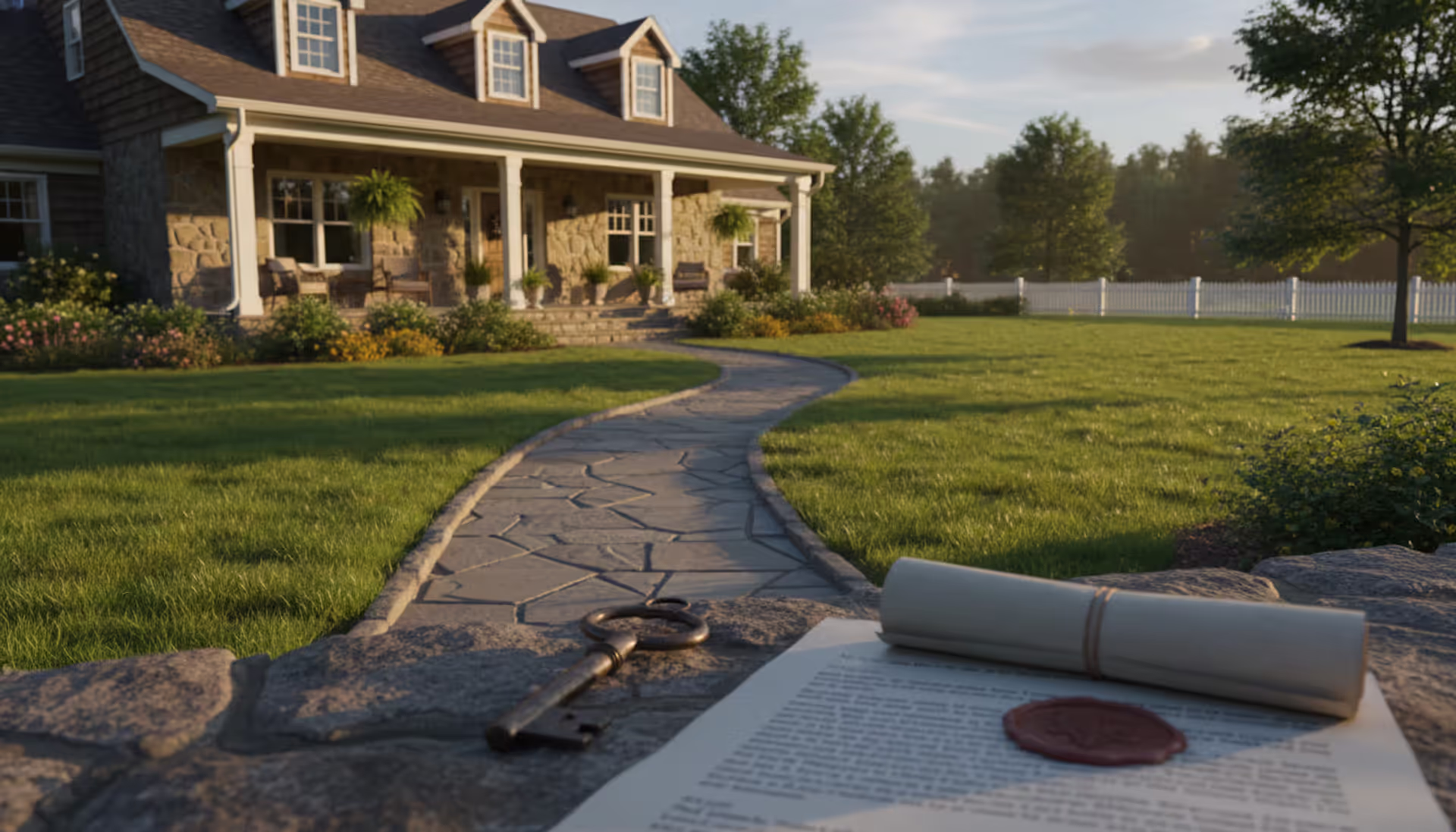 Suburban American house with a front lawn, a key and a sealed legal document lying on the porch step in warm daylight