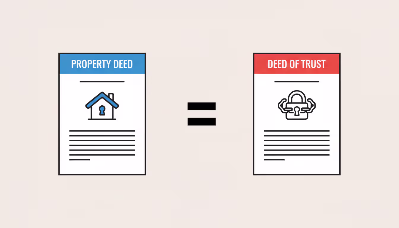 Side-by-side comparison infographic of a property deed document and a deed of trust document with a not-equal sign between them